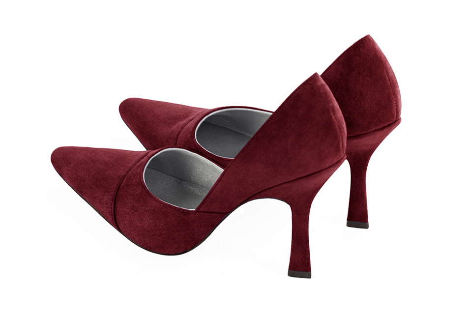 Women's burgundy red elegant open arch pumps. Tapered toe. High spool heels - Rear view